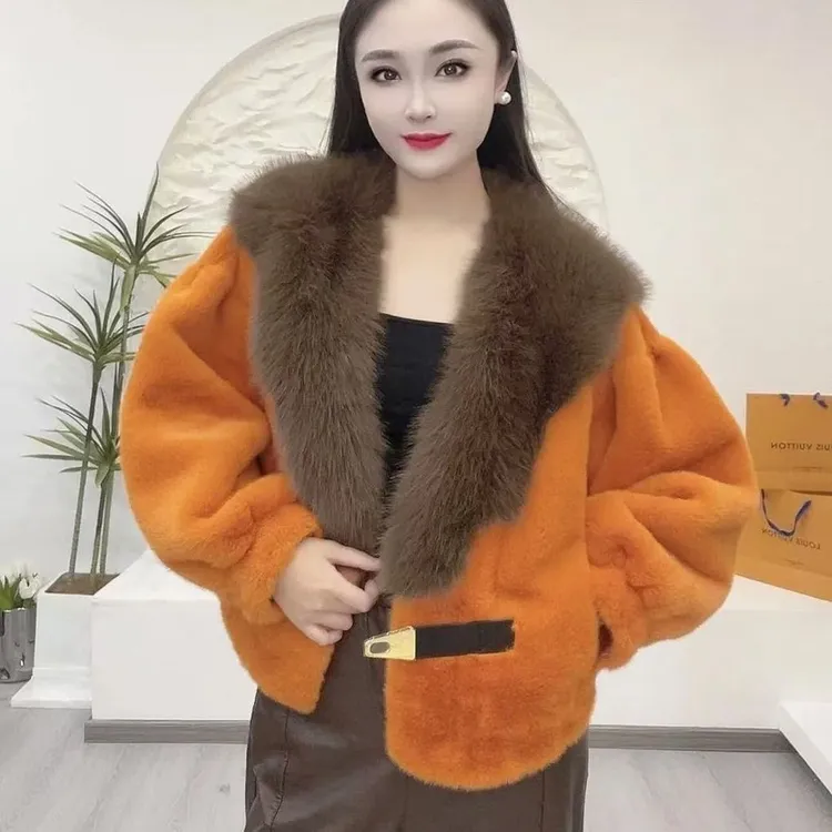 新款气质高档冬季大毛领短款一体环保水貂绒皮草潮流休闲服