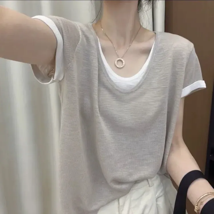 冰感透气棉T夏季薄款假两件v领T恤宽松 上衣显瘦百搭洋气衣服女