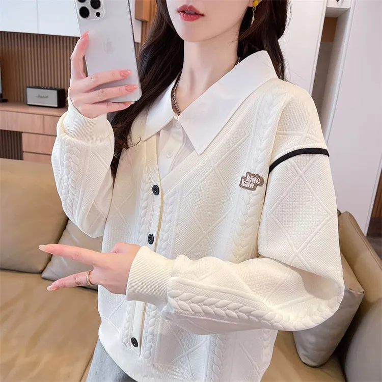时尚polo衫翻领拼接假两件卫衣女春秋薄款减龄洋气学院风显瘦上衣