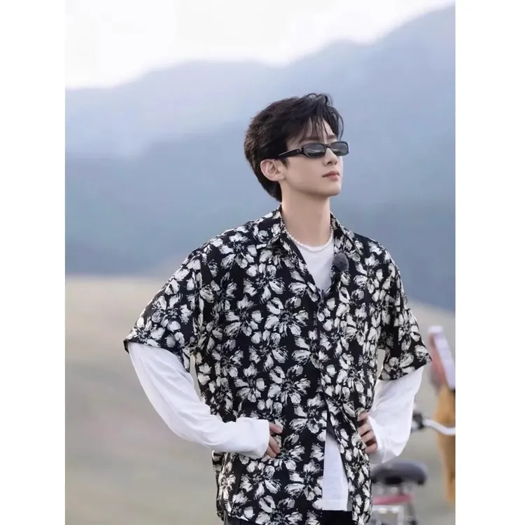 白敬亭同款衬衫短袖男款夏季满印碎花冰丝衬衣夏威夷古巴领寸衫