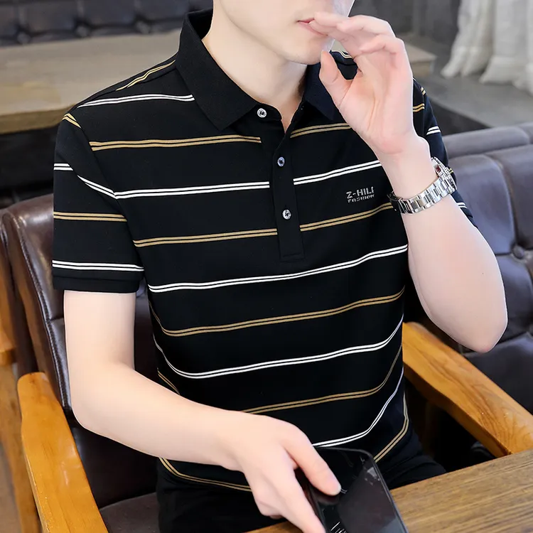 肯梅灵列丝光棉男士polo衫夏高端商务衬衫领短袖t恤条纹半袖上衣
