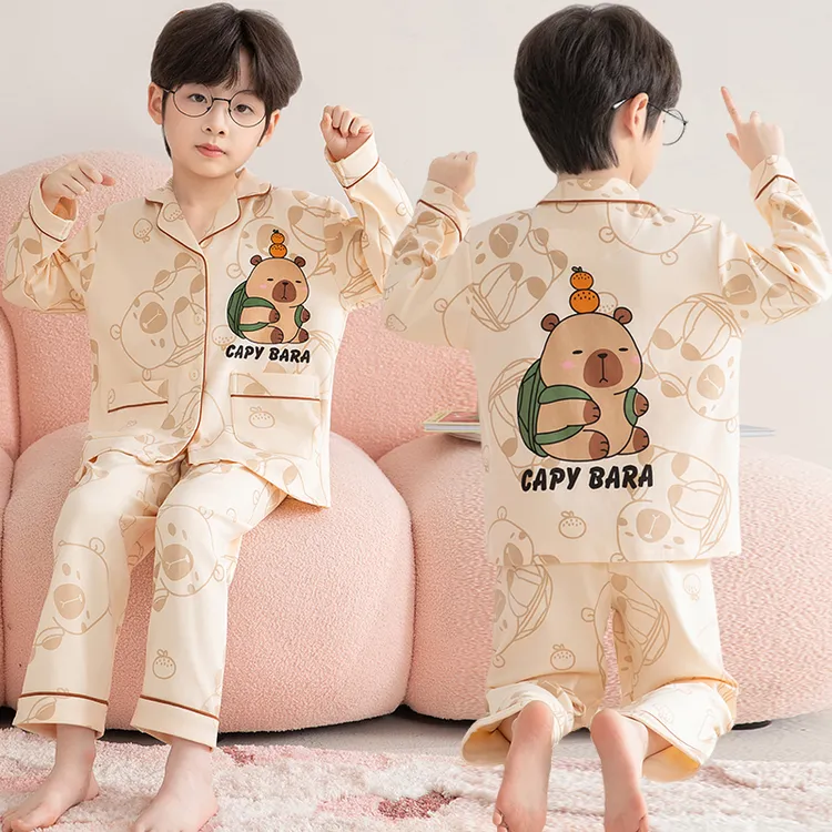 2025秋季新款男孩子睡衣卡皮巴拉儿童纯棉长袖套装男童开衫家居服