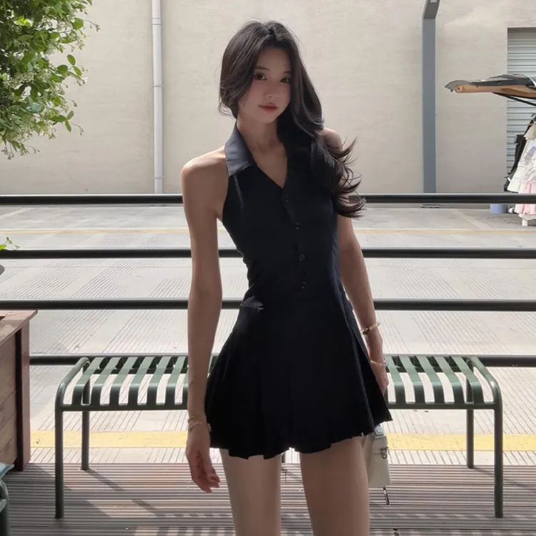 美式无袖v领挂脖条纹连衣裙女夏季性感纯欲露背百褶裙短裙3639