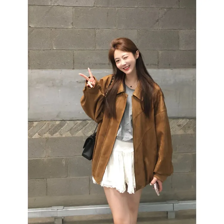 复古棕色翻领麂皮绒外套女秋季美拉德穿搭高级感气质开衫拉链夹克