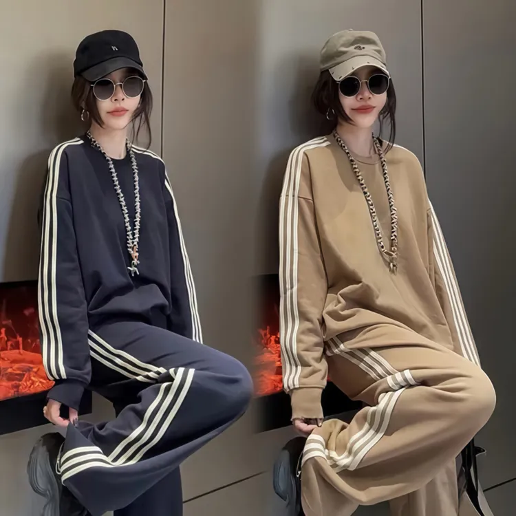 欧洲站三条杠加绒休闲套装女2025冬季新款时尚宽松卫衣卫裤两件套