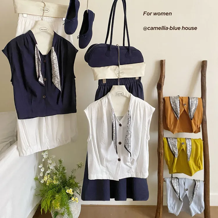 温柔知性风配丝巾无袖坎肩衬衫女夏捏褶卡腰小众气质百搭上衣