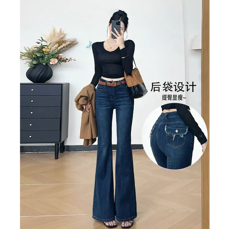 乔栈复古毛边设计口袋显瘦喇叭牛仔裤女2025秋冬新款加绒修身微喇