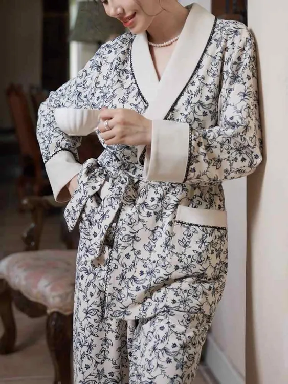 中国风印花浅唱系带初春女睡衣简约收腰长袖奢风小众款家居服套装