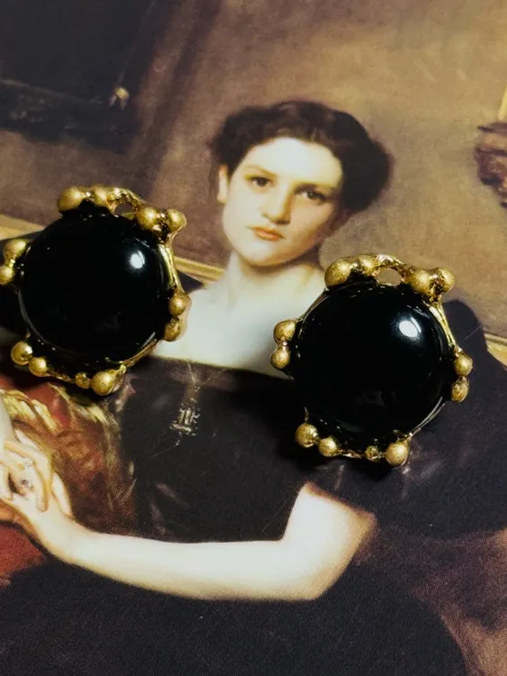 铜合金耳饰 《夜珠金芒》法式复古黑金耳环港风精致气质百搭耳饰