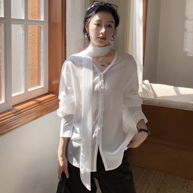高端莱赛尔纤维长袖衬衫女2025春秋新款时尚气质V领领带衬衣上衣