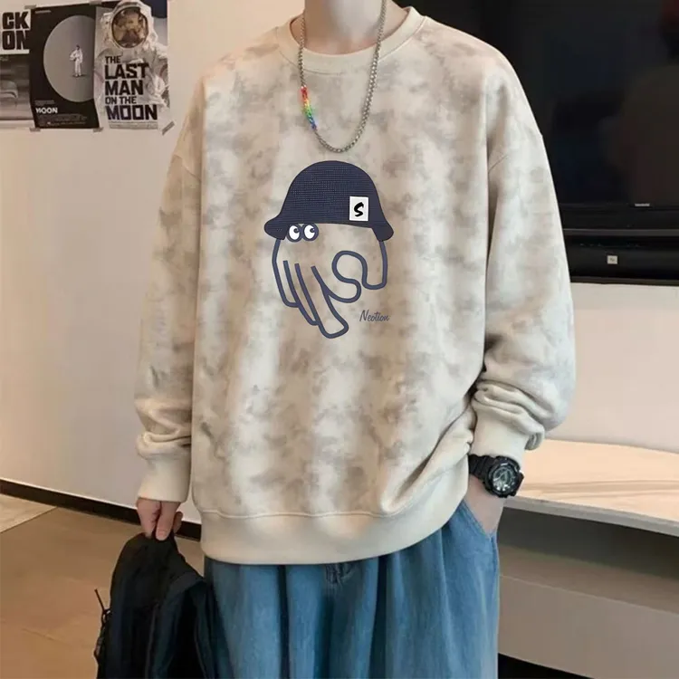 潮牌青少年扎染圆领卫衣男士秋冬季痞帅美式休闲宽松大码长袖上衣