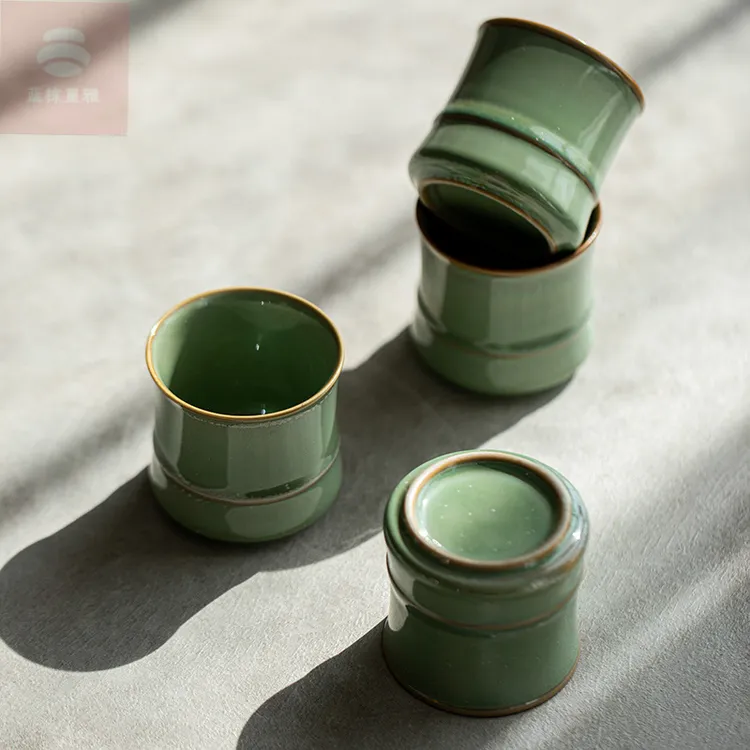 创意陶瓷竹节茶杯仿青竹功夫茶具品茗杯主人杯家用绿色山水竹节杯