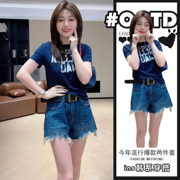 夏季新款辣妹显气质套装女小个子气质显瘦短袖T恤搭高腰牛仔短裤
