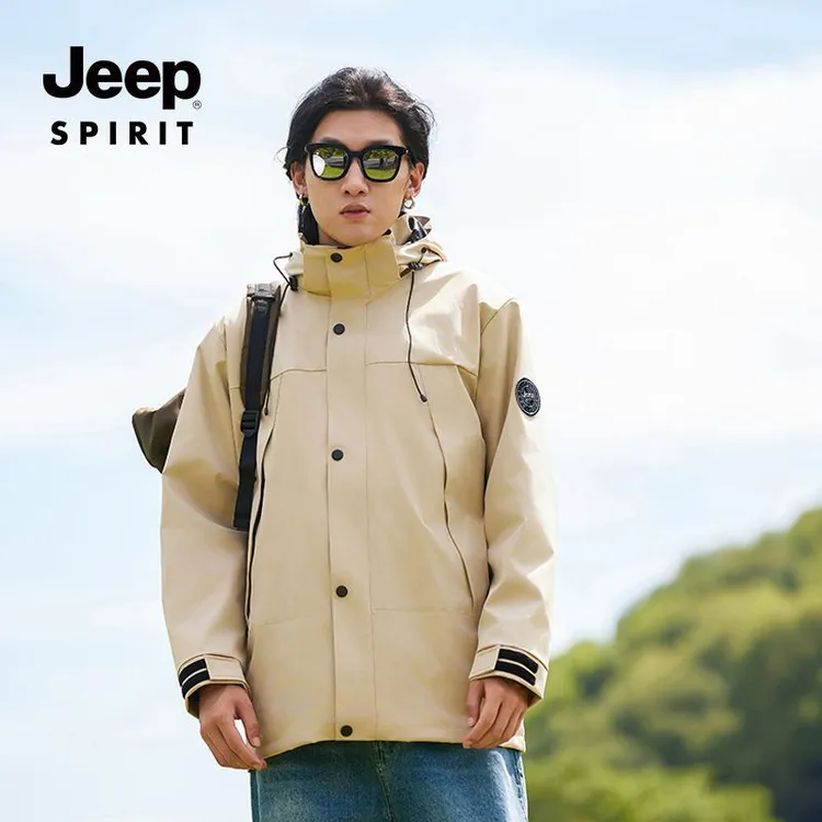 JEEP吉普两件套冲锋衣男三合一防风防水登山服连帽保暖夹克女外套