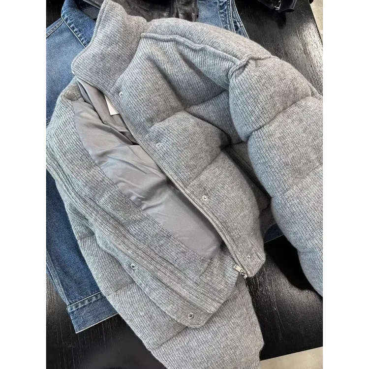 灰色高级感针织立领短款棉服棉袄女冬季新款加厚百搭面包服短外套