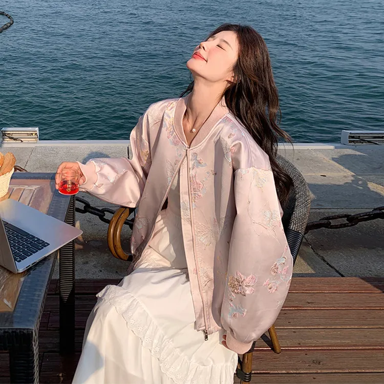 国风提花缎面棒球服女2025春秋新款汉服宽松显瘦气质小个子短外套