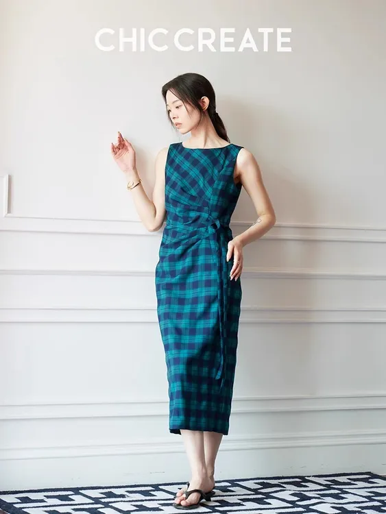 港风美人！复古气质格纹 一字领无袖收腰显瘦背心连衣裙女夏新款
