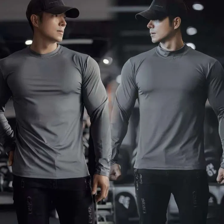  秋季长袖纯色圆领/半高领男士速干健身跑步运动弹力长袖透气打底