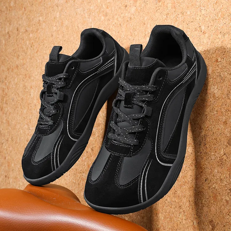 宽楦户外男士黑色软底防滑皮面宽脚运动鞋春秋款情侣鞋宽头休闲鞋