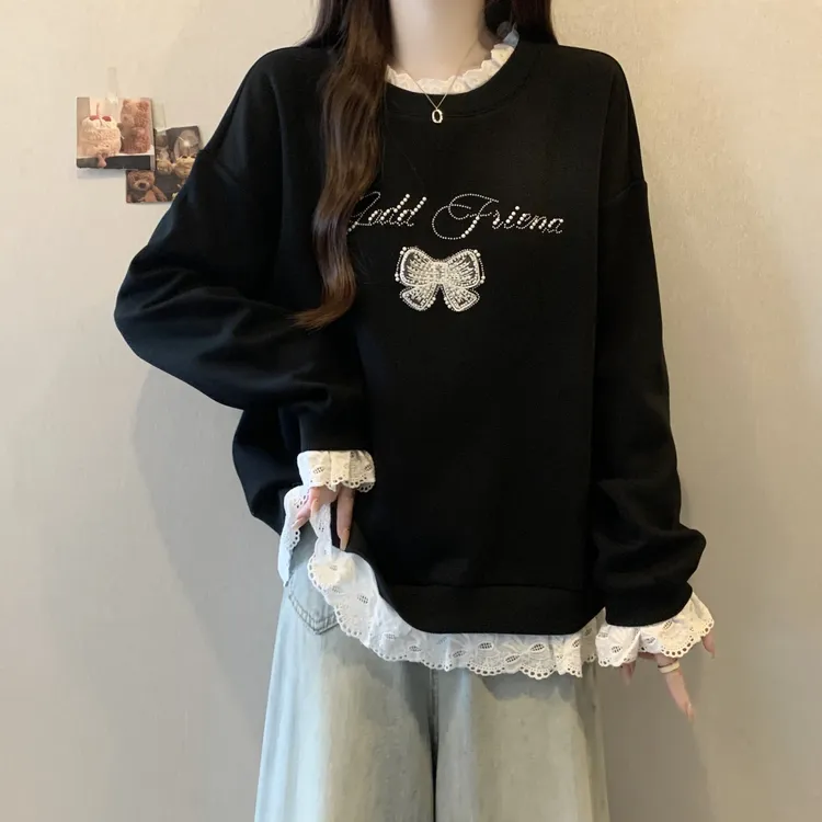 大码女装遮肚子蕾丝拼接假两件长袖卫衣女春秋胖妹妹宽松显瘦上衣