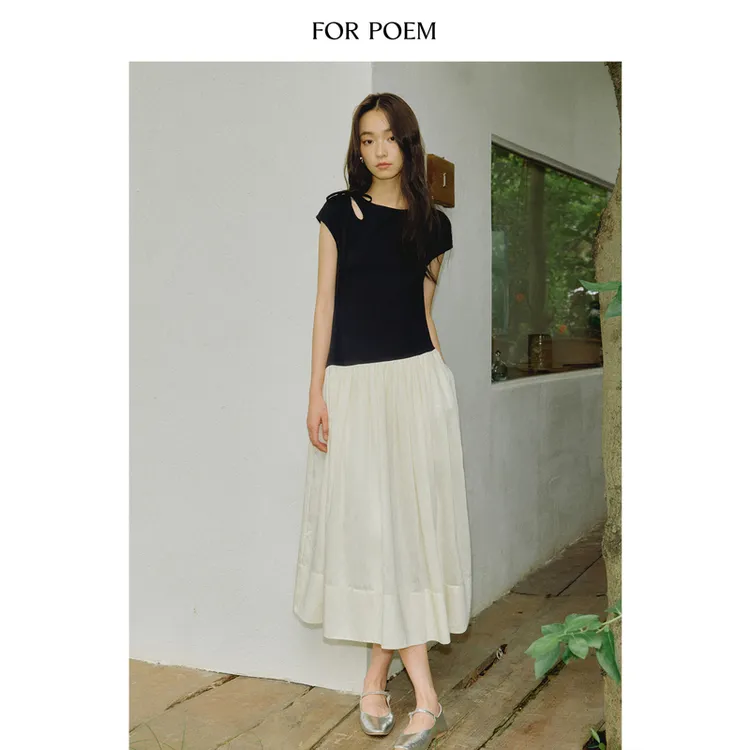 ForPoem 25/SS 原创设计拼色连肩短袖收腰复古新中式气质连衣裙女