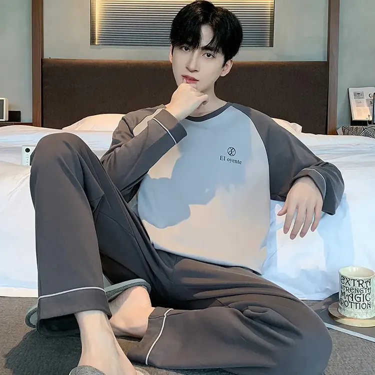 男式秋季新款睡衣男圆领纯棉长袖休闲舒适家居服套装