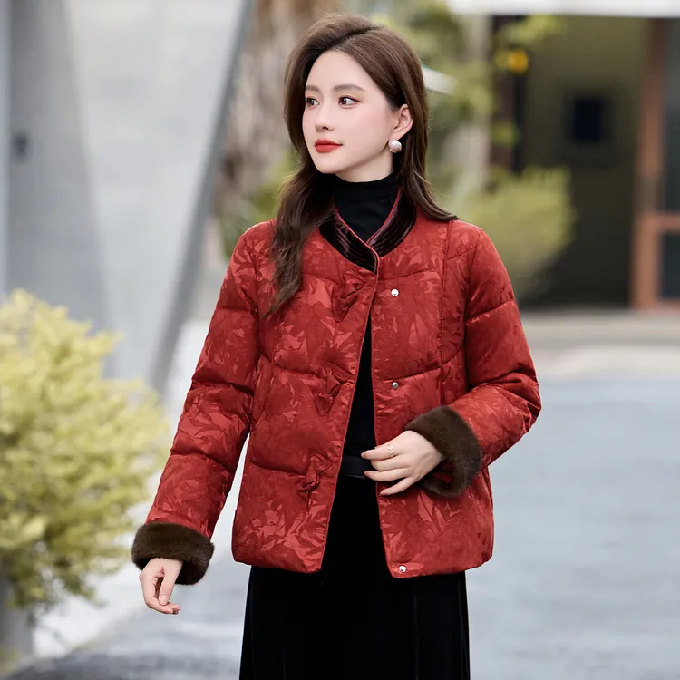 新中式羽绒棉服女短款2025冬新款国风红色洋气高级感保暖棉袄外套