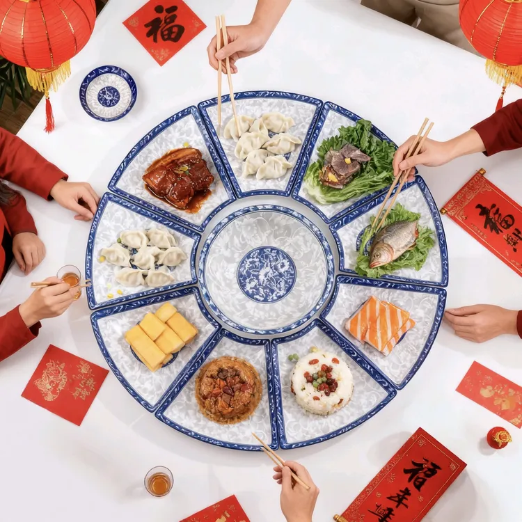 怀贤团圆拼盘青花聚会创意拼盘餐具汤古组合过年圆桌摆盘扇形菜盘