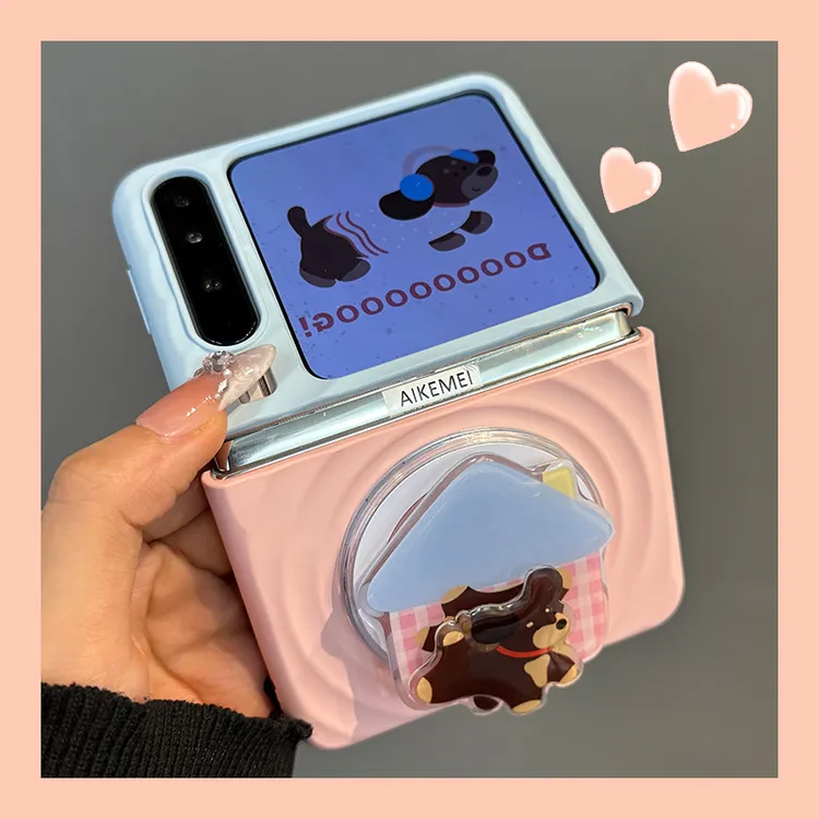 适用华为puraX阔折叠屏手机壳撞色波漾纹Pocket2旋转小狗粉格房子