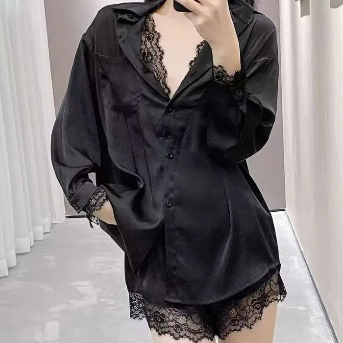 春夏睡衣女冰雪丝绸长袖衬衫裙短裤两件套蕾丝性感纯欲家居服