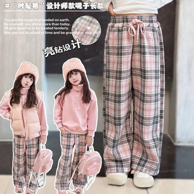 设计师裤子秋冬装2025新款洋气女大童加绒休闲裤儿童格子裤春秋