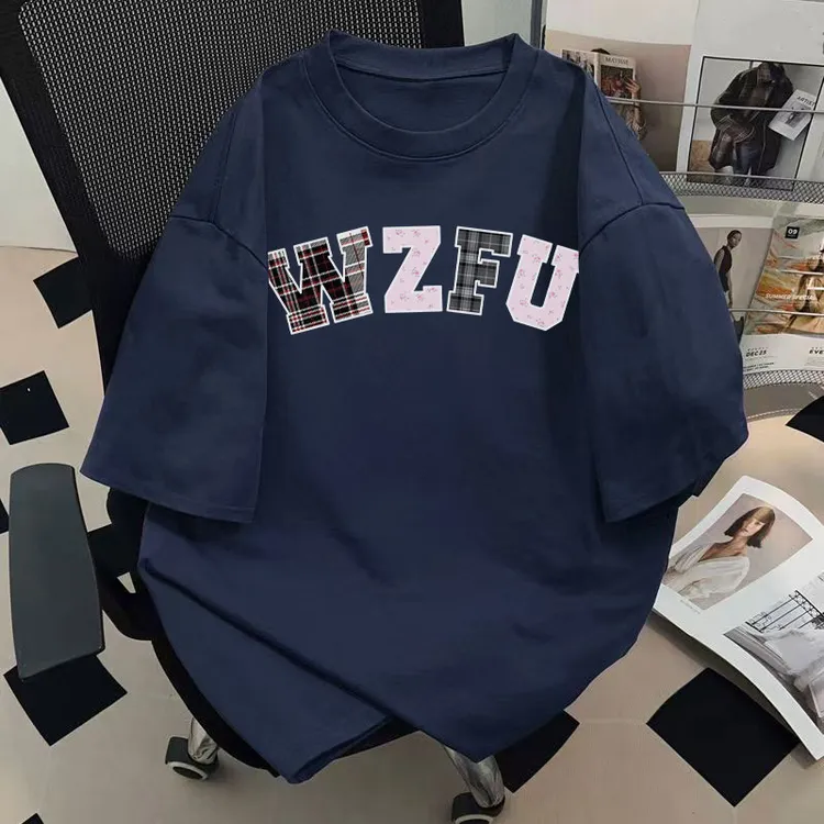 2025新款男女童短袖T恤纯棉中大童创意格子字母印花宽松百搭上衣
