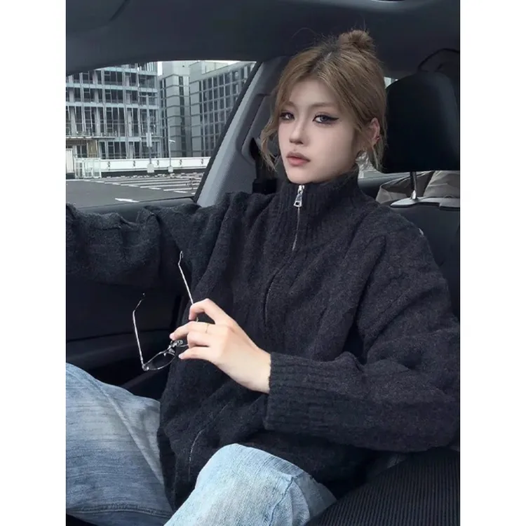 麻花纹理高领开衫毛衣男女款秋冬季老钱风慵懒松弛感拉链针织外套