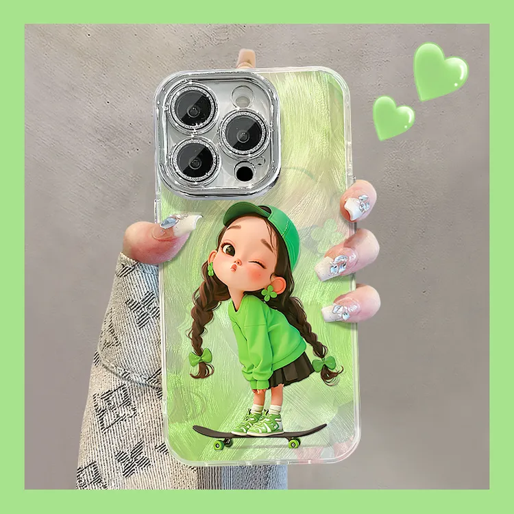 可爱滑板女孩适用苹果15vivo华为oppo小米iPhone16精孔羽纱手机壳
