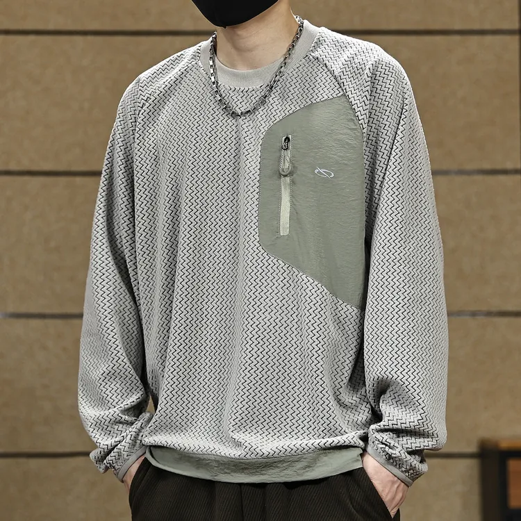 美式拼接圆领肌理绒感卫衣男款秋季新款宽松长袖T恤休闲运动上衣