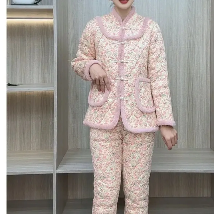 套装冬季加绒保暖修身显瘦棉袄棉裤加厚宽松碎花中式民族风套装