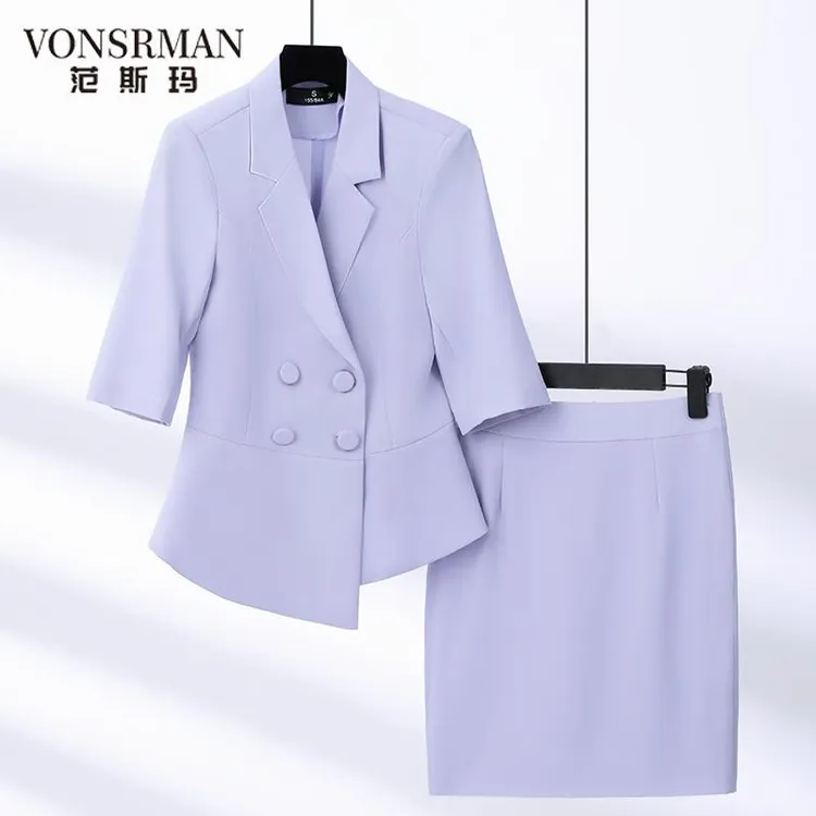 蓝色中袖西装套装女夏季薄款2025新款职场通勤高级感气质西服外套