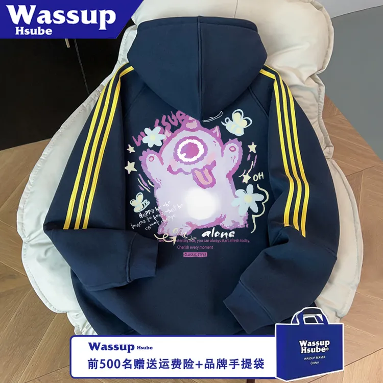 WASSUP HSUBE潮流情侣秋冬卡通字母拉链印花宽松长袖三条杠上衣