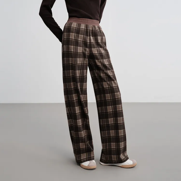 【可机洗】EP雅莹2025新款 复古格纹高腰显瘦磨毛感直筒休闲裤6420A