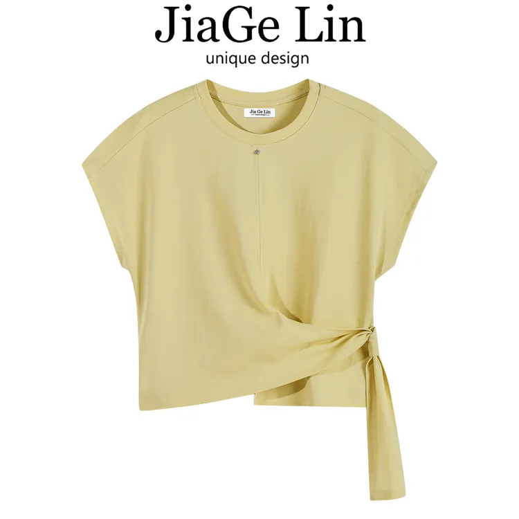 JiaGeLin韩系简约设计感绑带T恤收腰显瘦短袖女夏季百搭纯色上衣