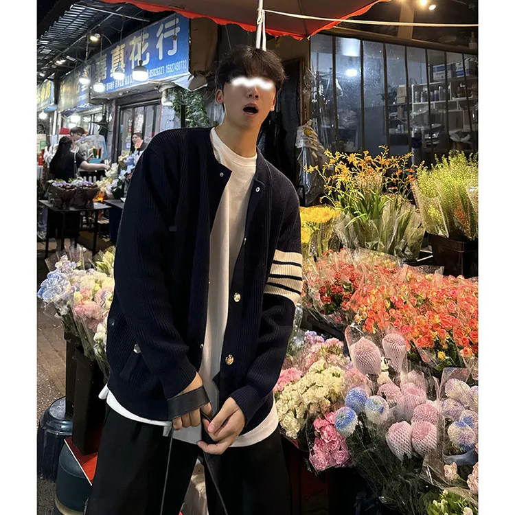 NPKP蓝色开衫毛衣男春季四条杠学院风潮流针织衫美式慵懒风痞帅外