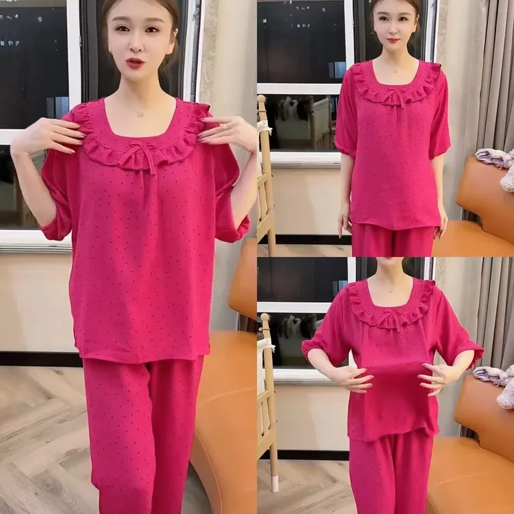秋季新款波点纯色家居服大码减龄洋气睡衣女套装圆领皱棉舒适套装