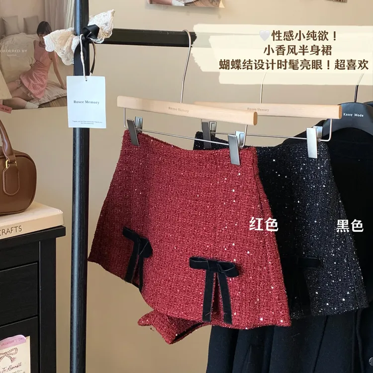 2025年冬季新款法式亮片闪闪粗花呢时尚蝴蝶结小香风阔腿裤短裤女
