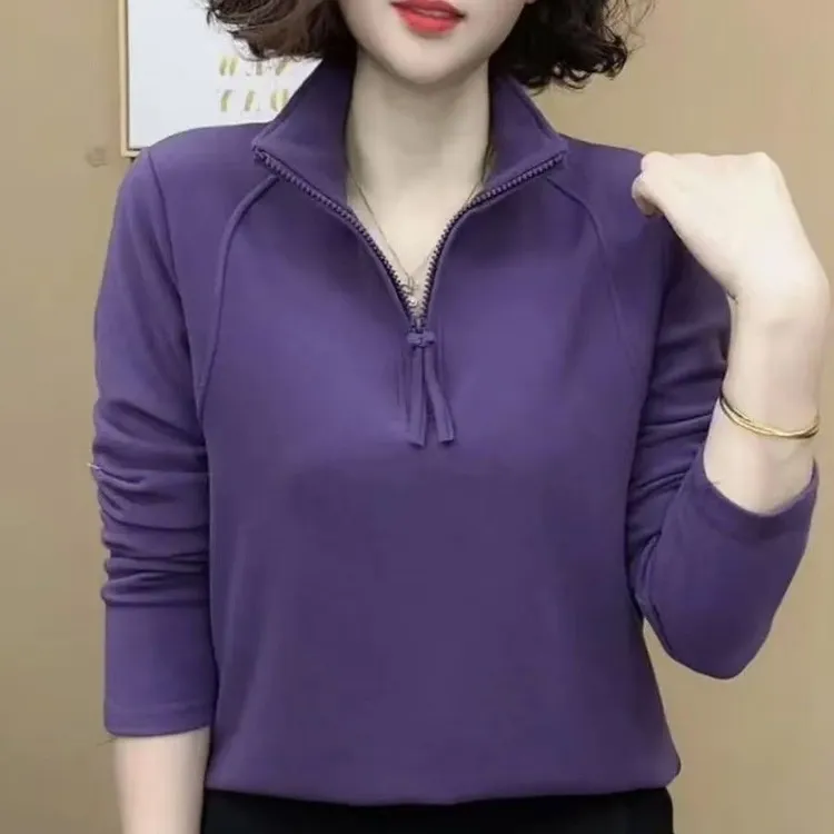 冬季新款半高领拉链百搭双面德绒长袖时尚减龄休闲保暖上衣T恤女