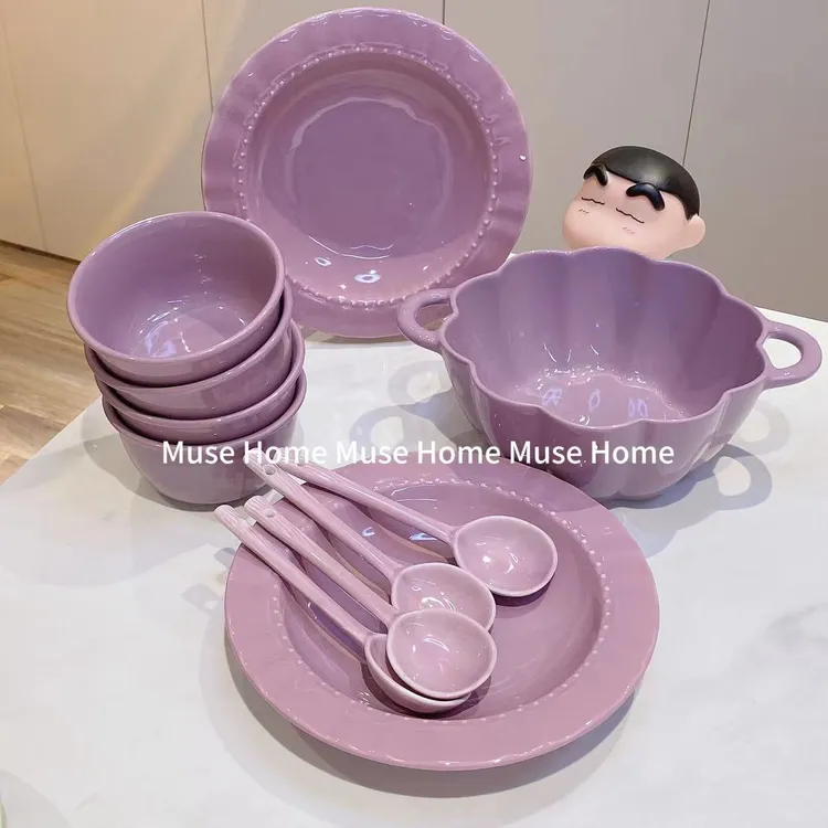 【11件套】奶油风双耳汤碗米饭碗圆盘深盘套装陶瓷餐具碗勺