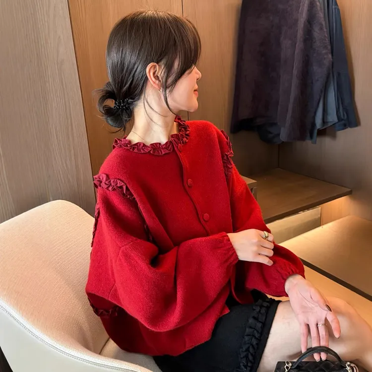 MEIZHENZI【虞美人】绵羊毛+兔毛|冬装木耳边针织开衫女毛衣厚外套