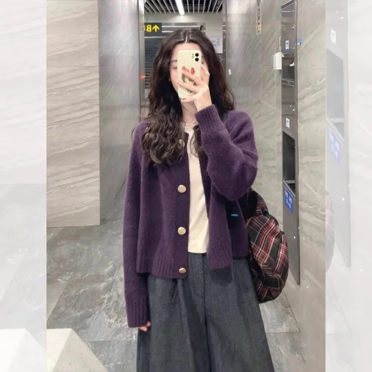 葡萄紫色浣熊开衫毛衣外套女春秋季宽松慵懒风外穿软糯上衣