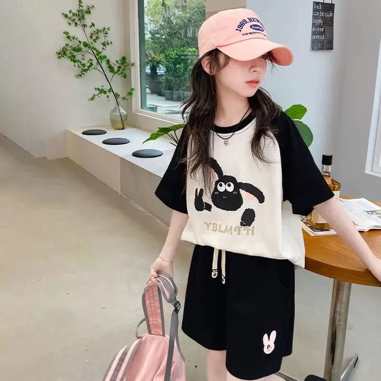 女童纯棉套装夏季洋气短裤新款休闲中大童短袖女孩时髦网红两件套