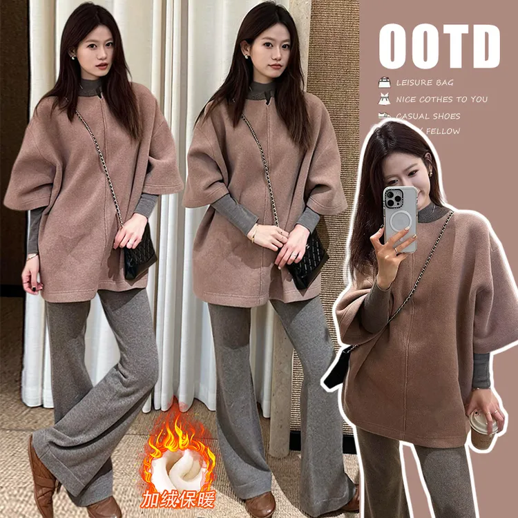 韩版洋气简约气质秋冬新款女针织衫+五分袖上衣+休闲裤时尚三件套