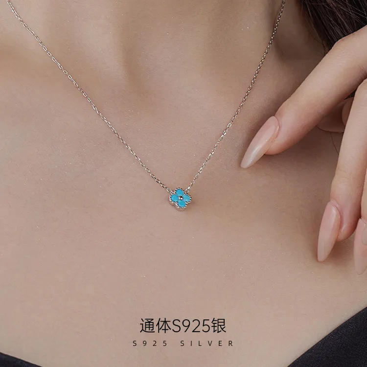 吊坠925银 925纯银幸运四叶花项链女轻奢百搭气质锁骨链镶钻花朵